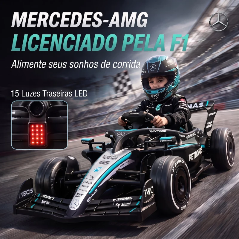 AIYAPLAY Go-Kart Elétrico Mercedes-AMG PETRONAS F1 com Licença Controle Remoto Suspensões Traseiras Partida Suave