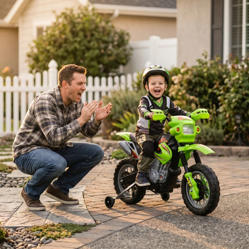 HOMCOM Moto Eléctrica para Niños con Ruedas de Apoyo Desmontables Faros y Música para Niños 3-6 Años Verde