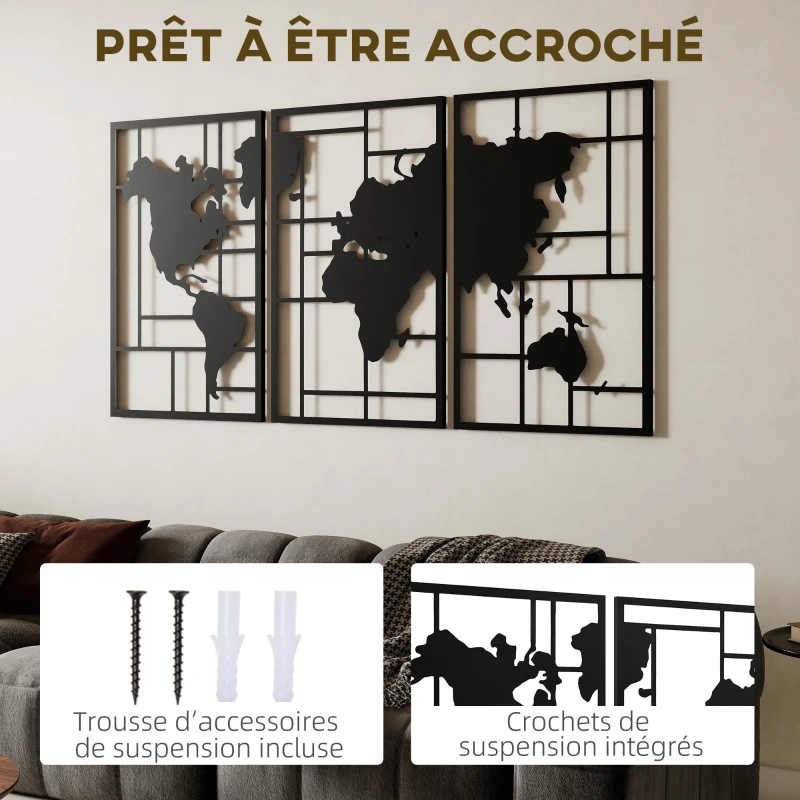 HOMCOM Lot de 3 décorations murales en métal moderne, sculpture murale en métal géométriques abstraites, 50 x 80 cm, noir