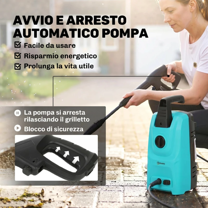 Outsunny Idropulitrice ad Alta Pressione 1500W con Ugello Regolabile e Kit Pulizia, 20.5x19x40.4 cm, Blu