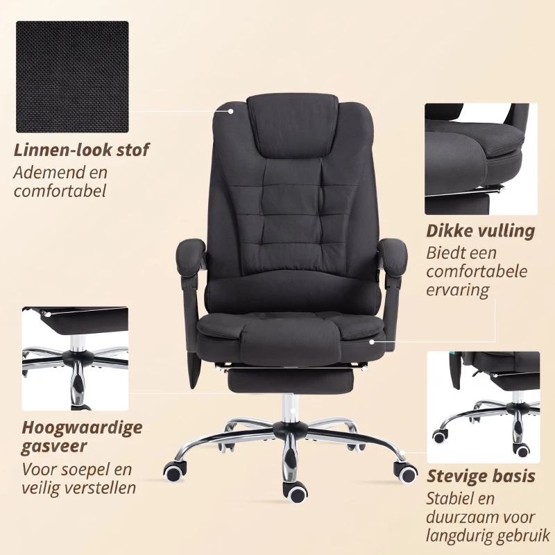 Vinsetto Bureaustoel met Massage- en Verwarmingsfunctie, Ergonomisch, Hoogteverstelbaar, Zwart(m-8)