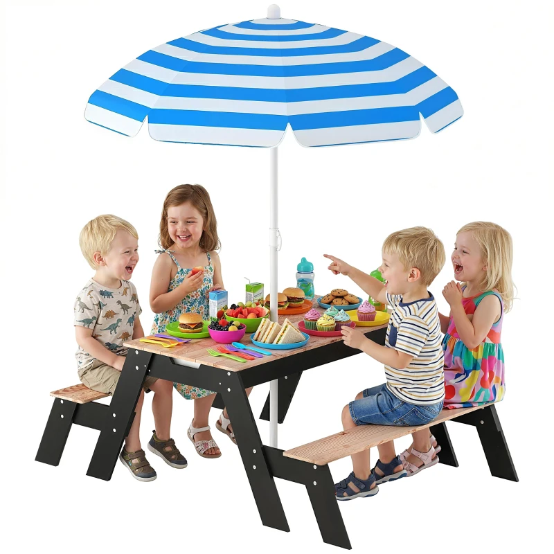 AIYAPLAY Table de pique-nique enfants avec parasol, 3 en 1 salon de jardin en bois pour enfants 3-6 ans avec 2 boîtes, naturel