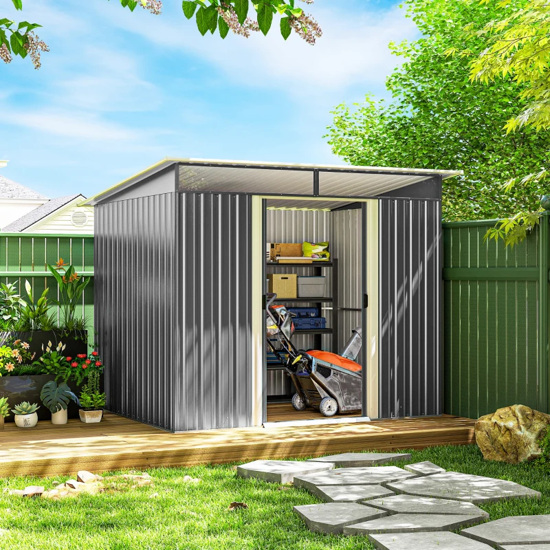 Outsunny Abrigo de Jardim 4,5 m² 260x194x200 cm Abrigo Exterior Metálico com 2 Portas Deslizantes para Armazenamento de Ferramentas Cinza