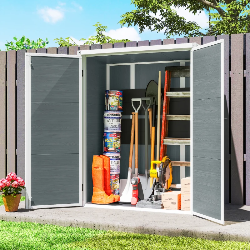 Outsunny Abrigo de Jardim 0,81 m² 134x68,5x170 cm em Plástico com Solo 2 Prateleiras Dobráveis Portas Duplas com Fecho Cinzento