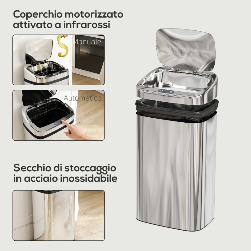 HOMCOM Bidone per Rifiuti da 30L con Sensore per Apertura e Chiusura Automatica, 33x25x57.5 cm, Argento