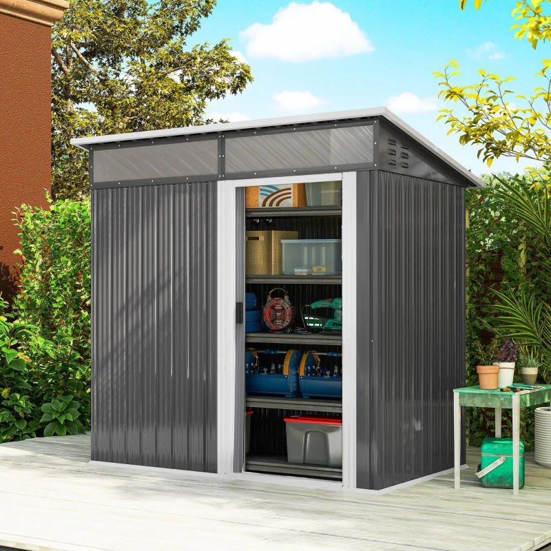 Outsunny Abrigo de Jardim 1,9m² 195x122x182 cm com Base Reforçada (Chão NÃO Incluído) Porta Corredera Janelas Abrigo de Ferramentas Cinza Escuro