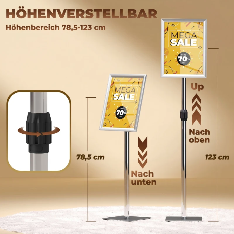 HOMCOM Infoständer DIN A3 Höhenverstellbar Plakatständer Bodenstehend mit Robuster Standfuß für Horizontal & Vertikal