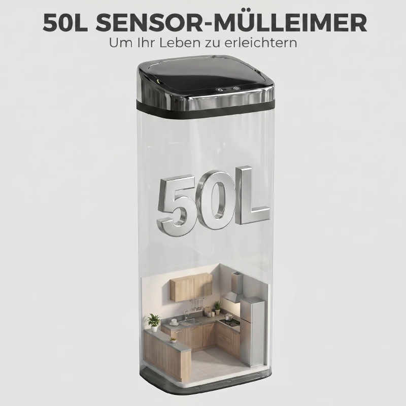HOMCOM Sensor Mülleimer 50L Automatik Mülleimer mit Bewegungssensor, Wasserdichter Abfalleimer für Büro, Schlafzimmer, Küchen Edelstahl Silber
