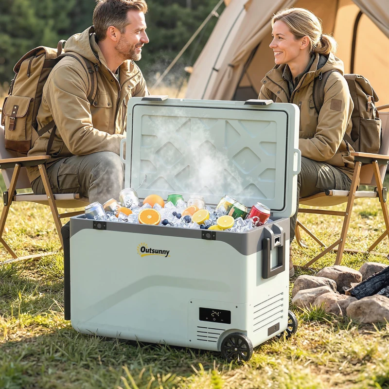 Outsunny 42,5 Liter Kompressor Kühlbox Leise elektrisch Mini Kühlschrank bis -20℃ Kühlbox mit Bluetooth Rolle Griff Handyhalter