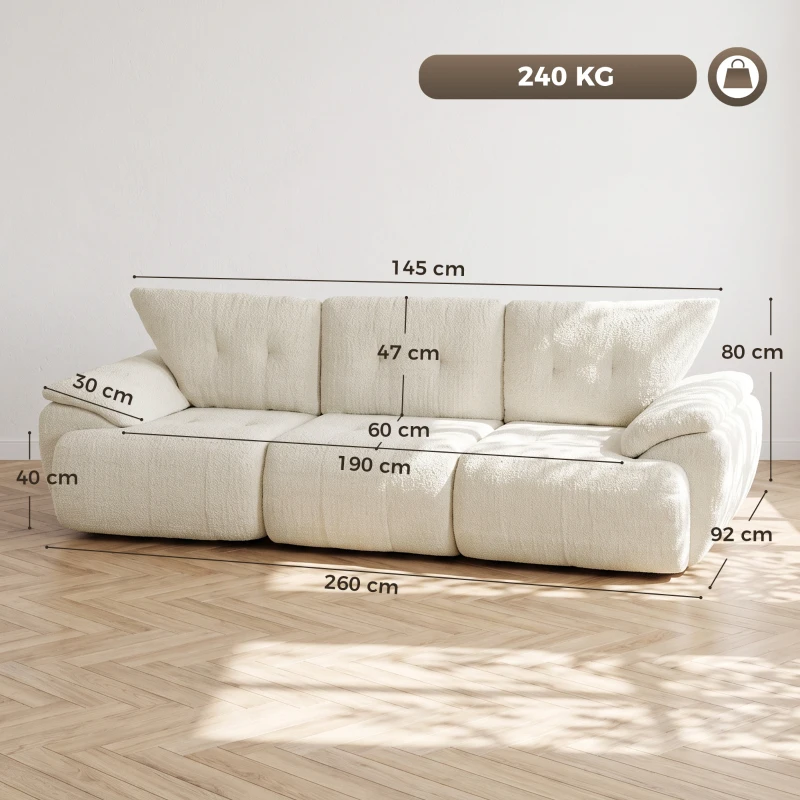 HOMCOM Sofá de 3 plazas, 260 cm, chenilla, sofá modular sin armazón con asiento extra ancho y profundo, reposabrazos anchos