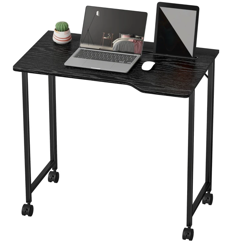 HOMCOM Birou Pliant 80 x 52 cm, Birou pentru Calculator pe Roți cu Fantă pentru Dispozitiv, Montaj Ușor, Negru