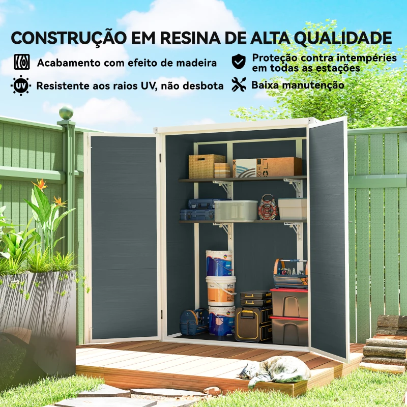 Outsunny Abrigo de Jardim 0,81 m² 134x68,5x170 cm em Plástico com Solo 2 Prateleiras Dobráveis Portas Duplas com Fecho Cinzento
