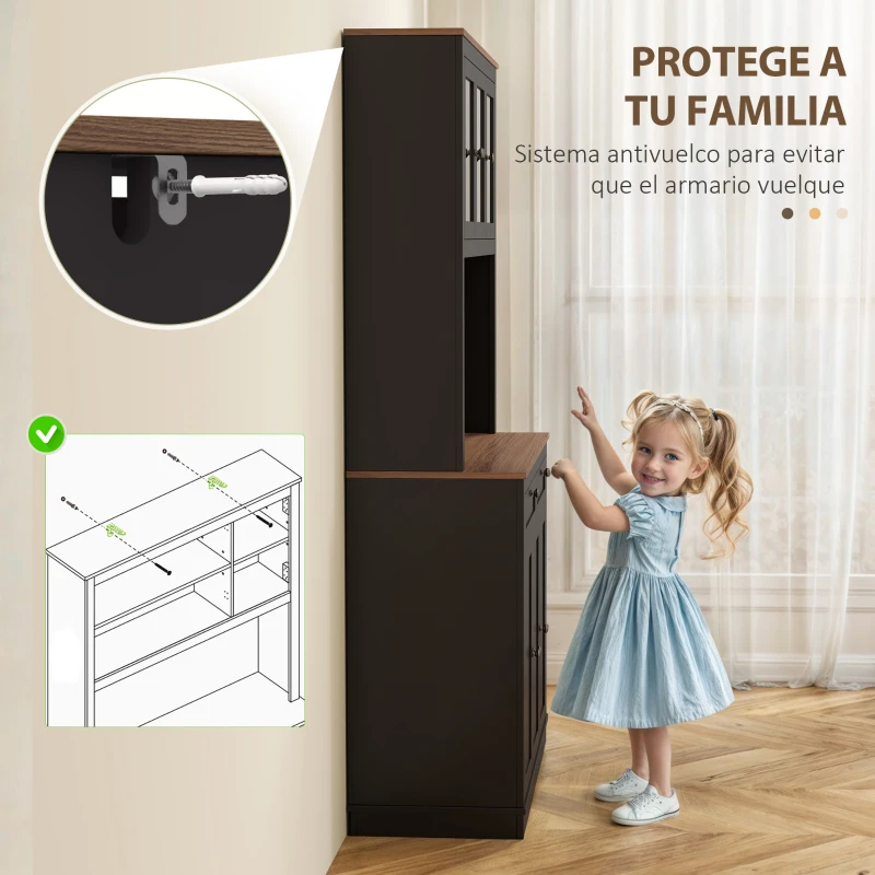 HOMCOM Alacena de Cocina con 3 Puertas de Vidrio Compartimento Abierto 2 Cajones y Estantes Ajustables 100x40x180 cm Negro