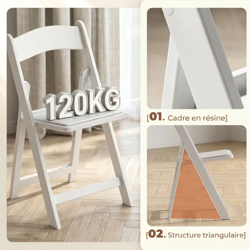HOMCOM Lot de 4 chaises pliantes en résine et PU, chaises pliantes portables pour intérieur et extérieur, 45x44x78cm, blanc