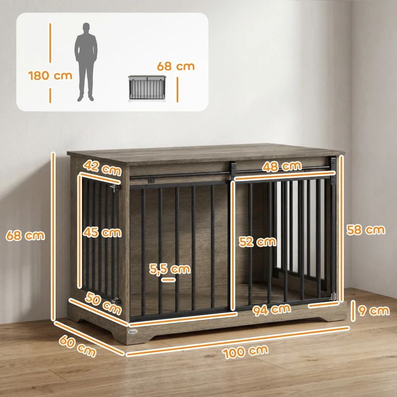 PawHut Jaula para Perros en Madera y Acero con Puerta Corredera, Mesa Auxiliar, Caseta Moderna, 100x60x68cm, Gris-Marrón Claro