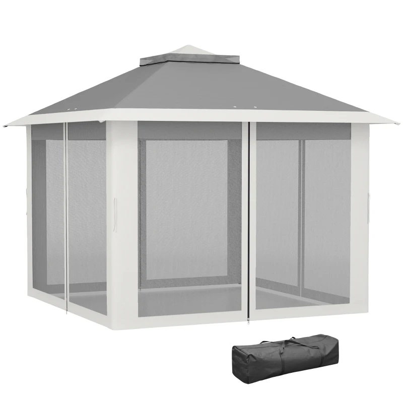 Outsunny Carpa Plegable 3,3x3,3 m Pop-up Altura Ajustable Doble Techo Mosquiteras Extraíbles y Bolsa de Transporte Anti-UV Gris
