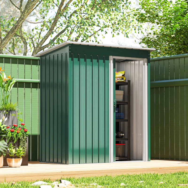 Outsunny Abrigo de Jardim Exterior 1,5 m² 163x89x182 cm Abrigo Metálico para Ferramentas com Porta de Correr e Teto Inclinado Verde