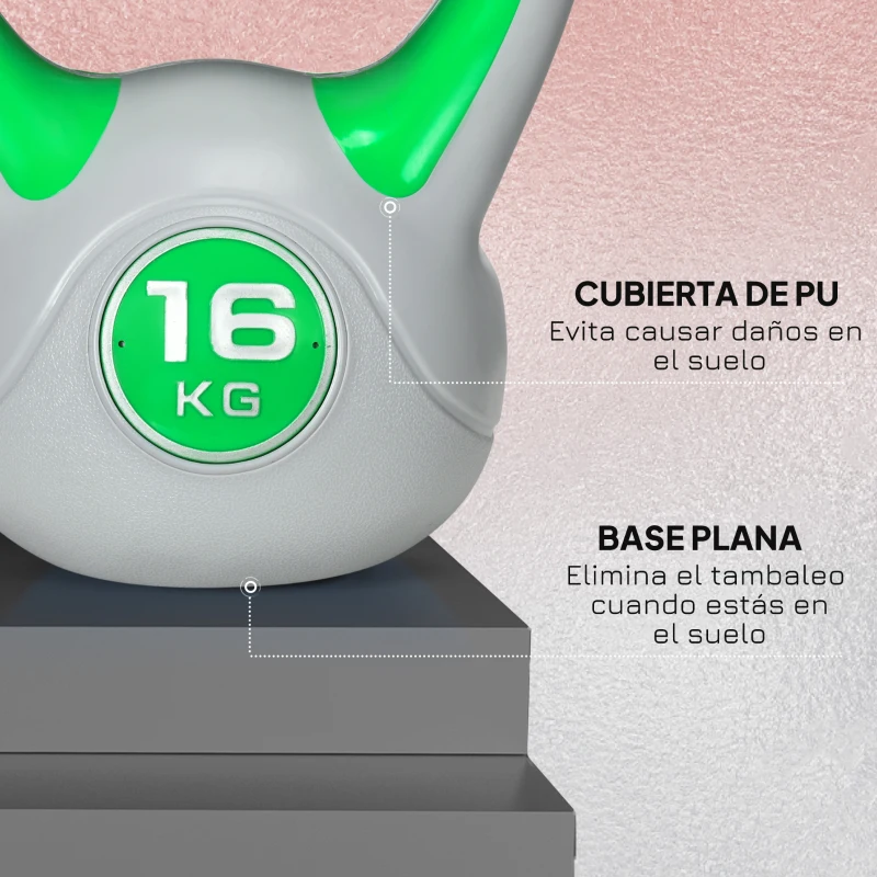 SPORTNOW Pesa Rusa 16 kg Kettlebell Revestimiento de PU y Relleno de Arena para Entrenamiento de Fuerza 27x17x31 cm Verde y Gris