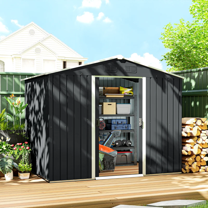 Outsunny Abrigo de Jardim de 3,6 m² 236x174x190 cm para Armazenamento de Ferramentas com Portas de Correr e 4 Janelas de Ventilação Cinza