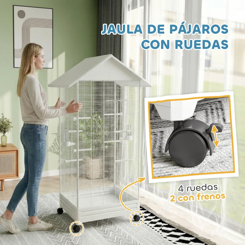 PawHut Jaula para Pájaros con Ruedas 79x65x155 cm Jaula Grande con 2 Comederos 8 Perchas y Bandeja Extraíble Blanco