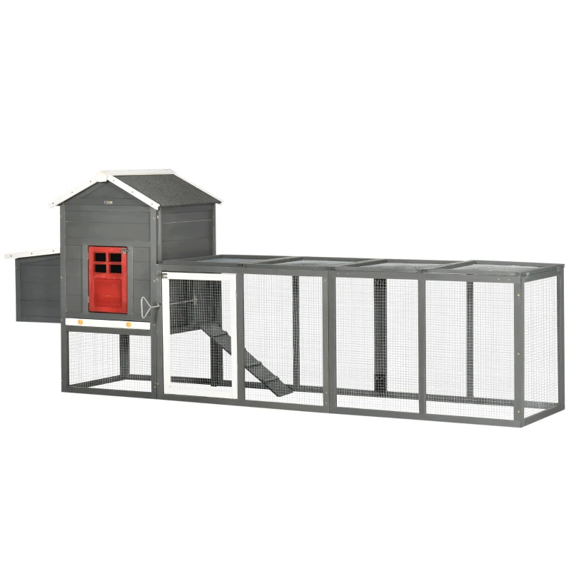 PawHut Gallinero para Exterior Grande de Madera 300x66x116 cm con Nido Corral Bandeja Extraíble Techo Asfáltico Rampa Gris