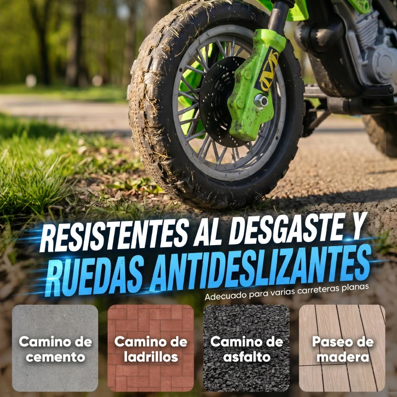 HOMCOM Moto Eléctrica para Niños con Ruedas de Apoyo Desmontables Faros y Música para Niños 3-6 Años Verde