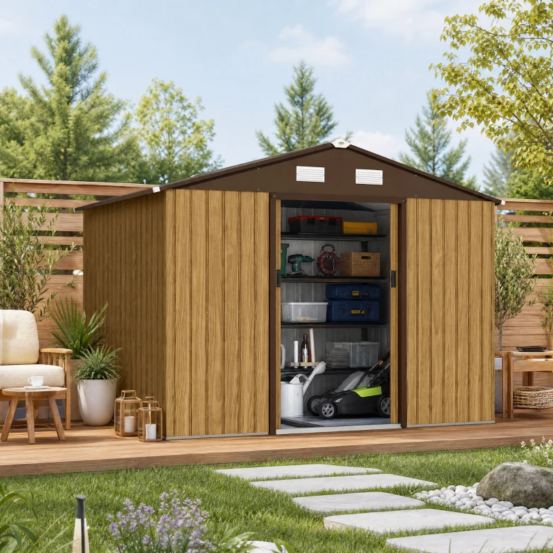 Outsunny Cobertizo de Jardín Exterior 4,9 m² 277x195x192 cm con Puerta Corredera Ventilación y Kit de Fundación Marrón