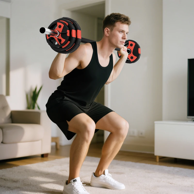 SPORTNOW Set Bilanciere e Dischi da 20kg totali con Impugnatura in PU Antiscivolo, Ø17x140 cm, Nero e Rosso