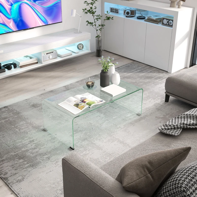 HOMCOM Mesa de centro em vidro estável, design monobloco, simples e moderna, 100 x 50 x 35 cm, Transparente