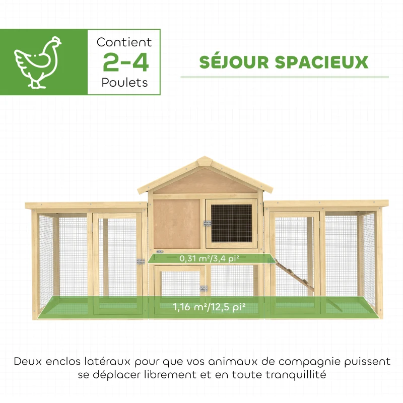 PawHut Poulailler clapier modèle chalet multi-équipé : rampes, nichoirs, plateau, en bois massif 204 x 85 x 93 cm bois naturel