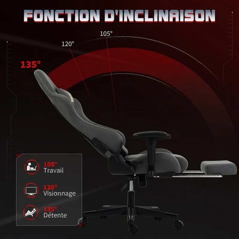 HOMCOM Chaise gaming ergonomique, fauteuil gamer avec accoudoirs 3D, dossier inclinable, hauteur réglable, 72x76x132cm, gris