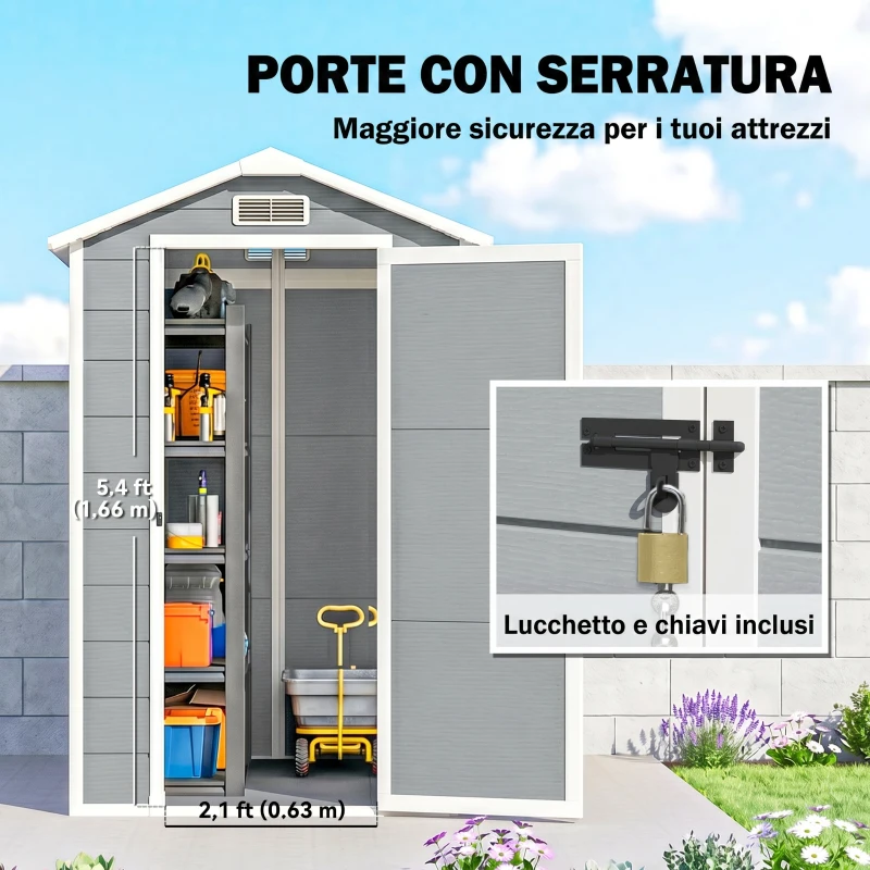 Outsunny Cobertizo de Jardín Exterior 2,1 m² 131x186x198 cm Caseta de Jardín con Suelo Ventana y Puerta con Cerradura Gris