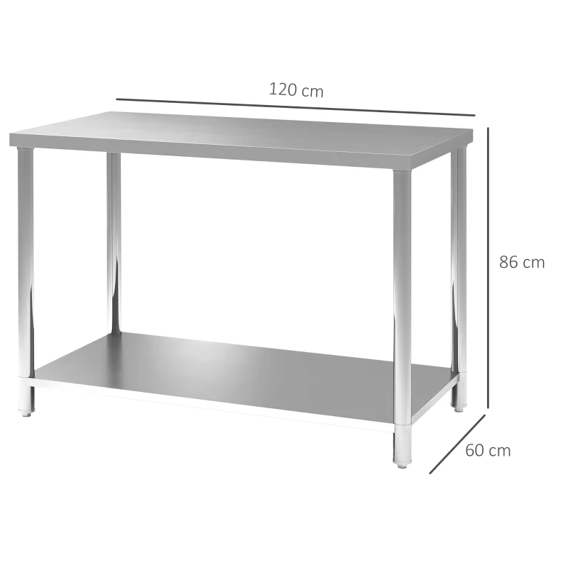 HOMCOM Mesa de Trabajo de Acero Inoxidable con 2 Estantes para Cocina Garaje Taller Carga 100 kg 120x60x86 cm Plata