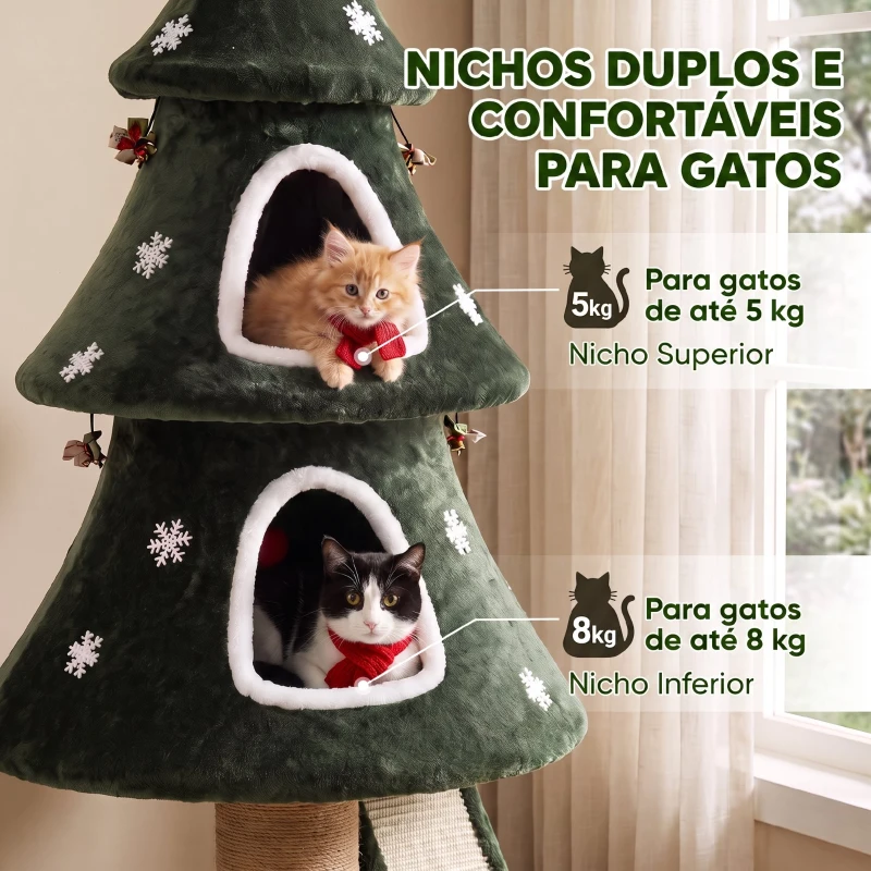 PawHut Árvore Arranhadora Natalina para Gatos 2 Camas Escada em Sisal Postes em Juta e Bolinhas 60x60x132 cm Verde