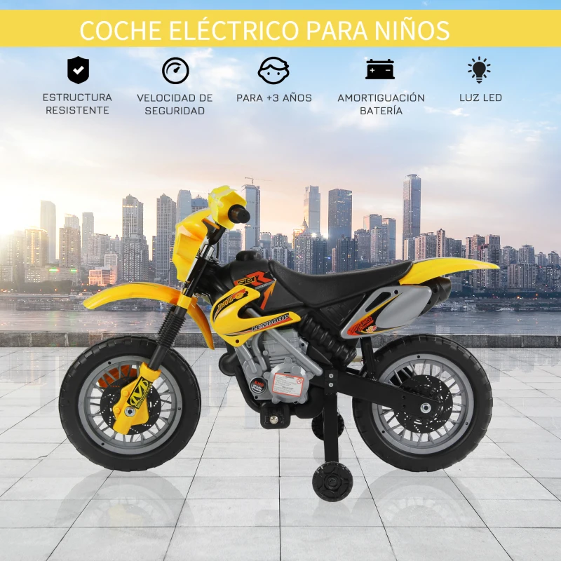 HOMCOM Moto Eléctrica para Niños con Ruedas de Apoyo Desmontables Faros y Música para Niños 3-6 Años Amarillo