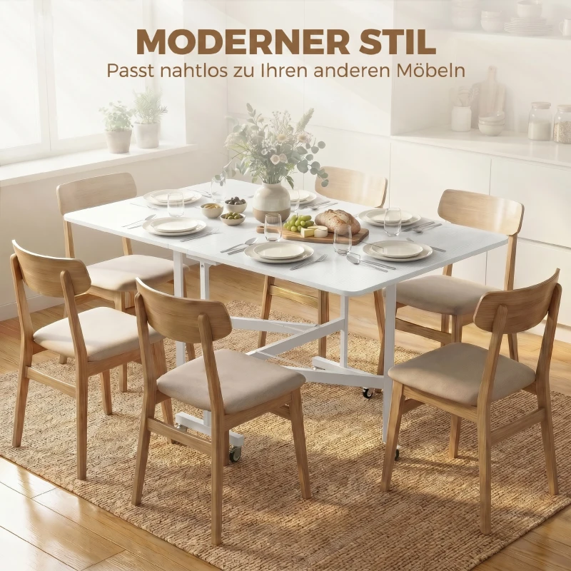 HOMCOM Table à Manger Pliante sur Roulettes pour 4-6 Personnes 120 cm, Roues avec Freins, 2 Abattants, Style Industriel, Blanc