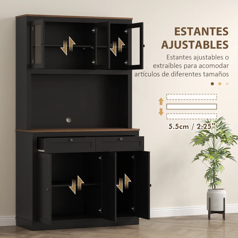 HOMCOM Alacena de Cocina con 3 Puertas de Vidrio Compartimento Abierto 2 Cajones y Estantes Ajustables 100x40x180 cm Negro