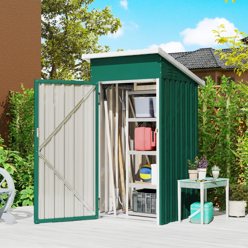 Outsunny Abrigo Exterior Metálico 107,5x91x185 cm Abrigo de Jardim com Teto Inclinado Porta com Trinco Ventilação e Luvas Verde