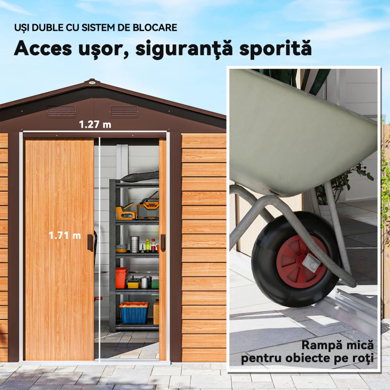 Outsunny Magazie de Grădină din Oțel cu Efect Lemn și Uși Duble Culisante, 278x195x215 cm, Maro