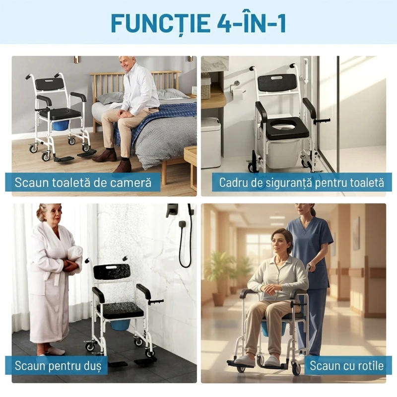 HOMCOM Scaun cu rotile cu WC impermeabil 4 în 1 cu suporturi pentru picioare rabatabile, din aluminiu și plastic, negru