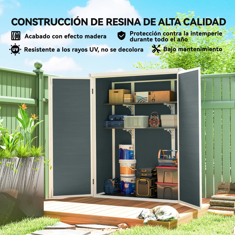 Outsunny Cobertizo de Jardín Exterior de Plástico 0,81 m² 134x68,5x170 cm con Suelo 2 Estantes Plegables Puertas con Pestillo