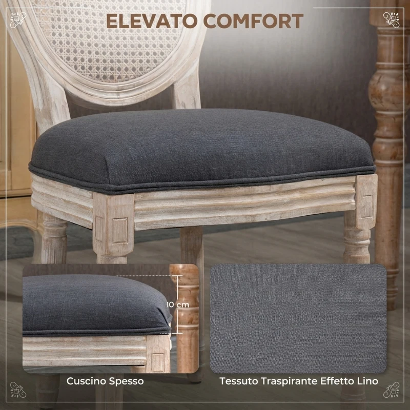 HOMCOM Set di 2 Sedie Sala da Pranzo in Tessuto Effetto Lino con Schienale in Rattan Traforato, Gambe in Legno, Grigio