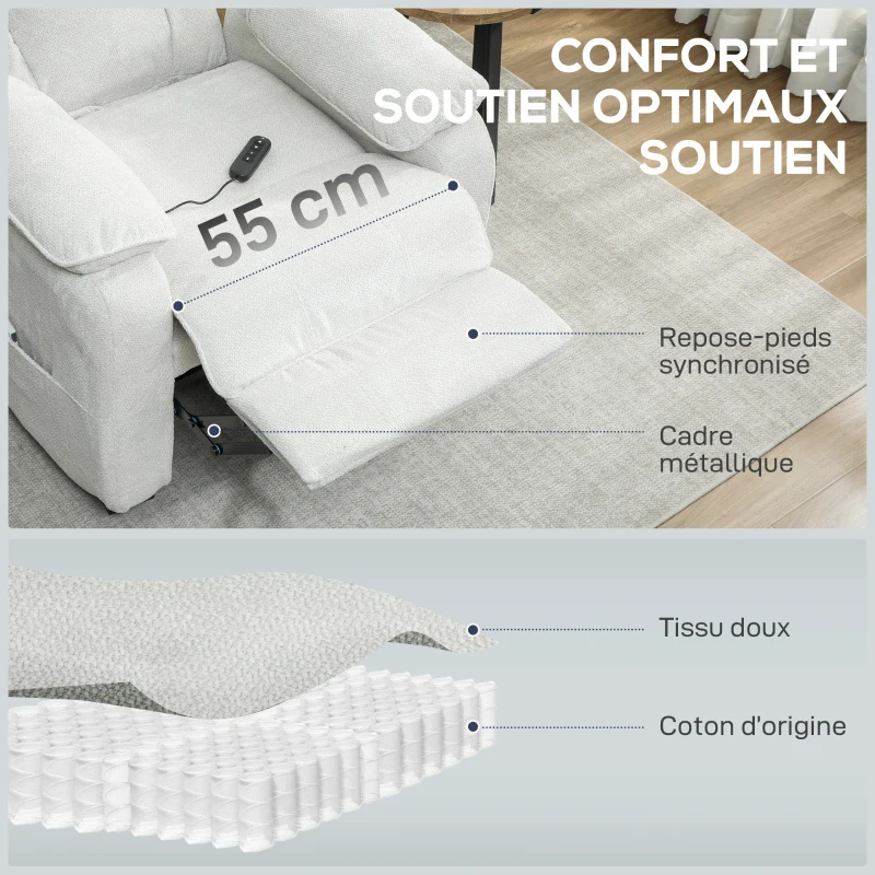 HOMCOM Fauteuil relax électrique fauteuil inclinable port USB repose-pieds poches latérales télécommande 86x90x103cm beige
