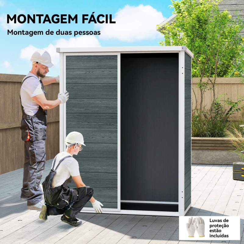 Outsunny Abrigo de Jardim 0,81 m² 134x68,5x170 cm em Plástico com Solo 2 Prateleiras Dobráveis Portas Duplas com Fecho Cinzento