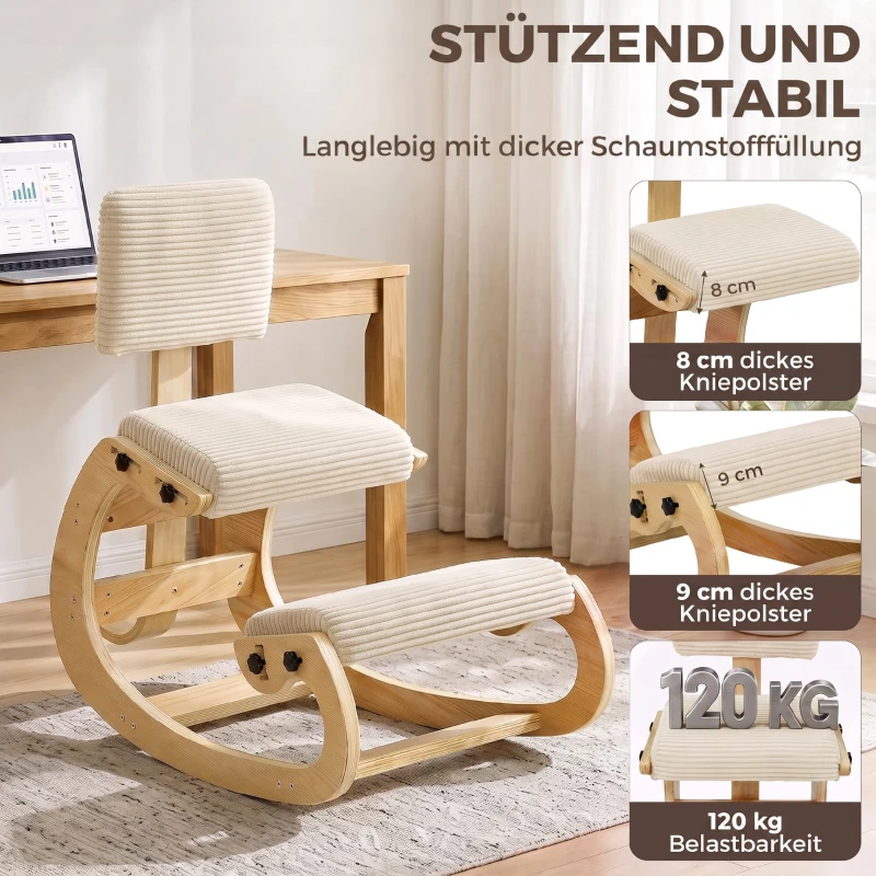 HOMCOM Ergonomiczny stołek kolanowy, stołek kolanowy z oparciem, wygląd sztruksu, fotel biurowy do domu, biura, medytacji, kremowo-biały