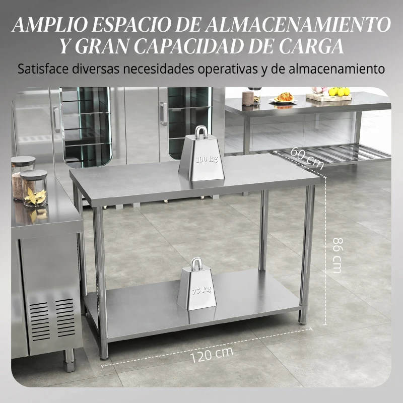 HOMCOM Mesa de Trabajo de Acero Inoxidable con 2 Estantes para Cocina Garaje Taller Carga 100 kg 120x60x86 cm Plata