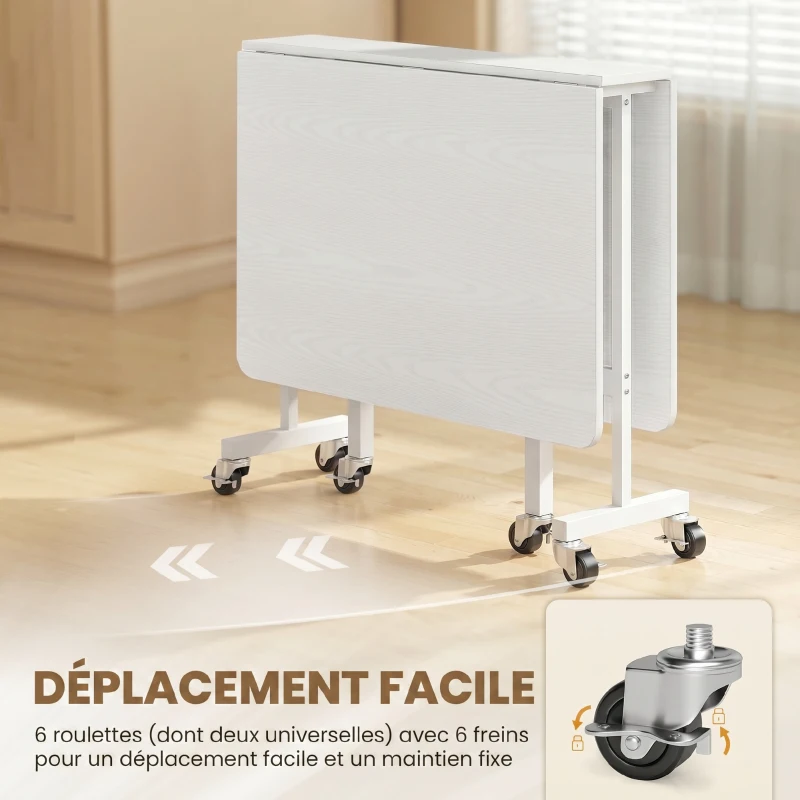 HOMCOM Table à Manger Pliante sur Roulettes pour 4-6 Personnes 120 cm, Roues avec Freins, 2 Abattants, Style Industriel, Blanc