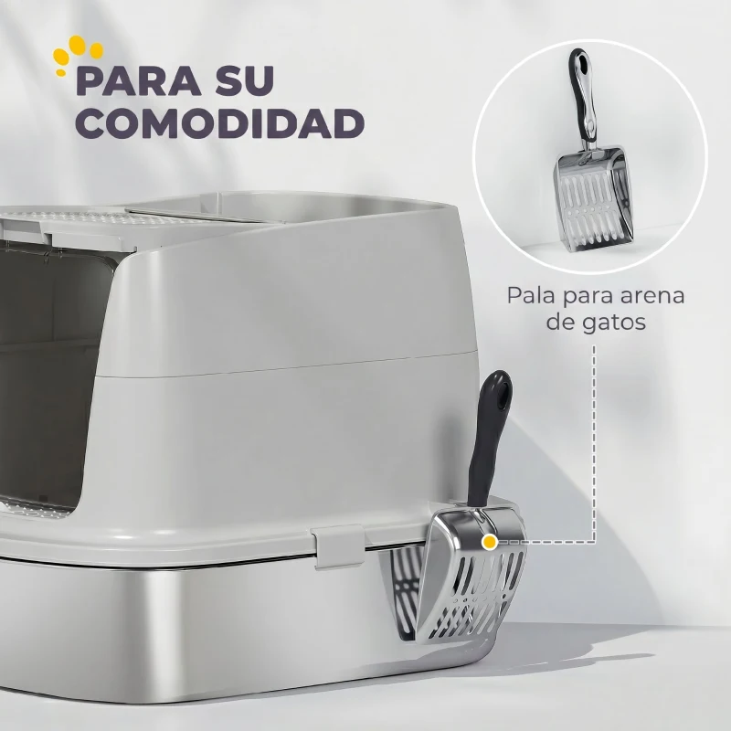 PawHut Arenero para Gatos de Acero Inoxidable L con Tapa Abatible Pala Metálica Bolsa Desodorizante Fácil Limpiar Gris Claro
