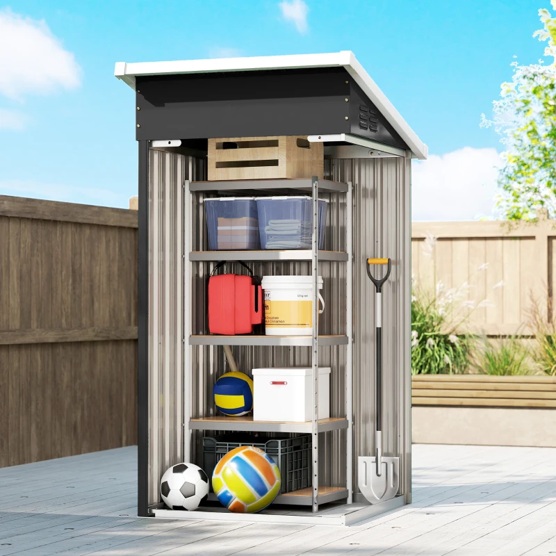 Outsunny Abrigo Exterior Metálico 107,5x91x185 cm Abrigo de Jardim com Teto Inclinado Porta com Trinco Ventilação e Luvas Cinza Escuro