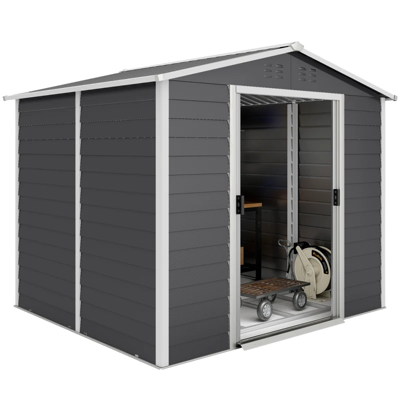 Outsunny Cobertizo de Jardín Exterior 4,4 m² 240x206x198 cm con Base Puerta Corredera y Cerradura 4 Ventanas para Patio Gris